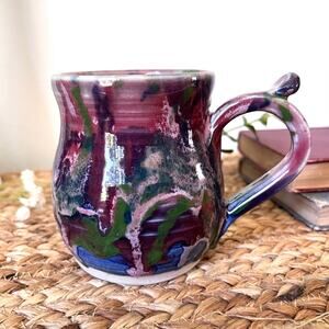 Paul Corbin Studio Potter Mug Thumb Rest Handle Colorful Abstract Drip Glaze